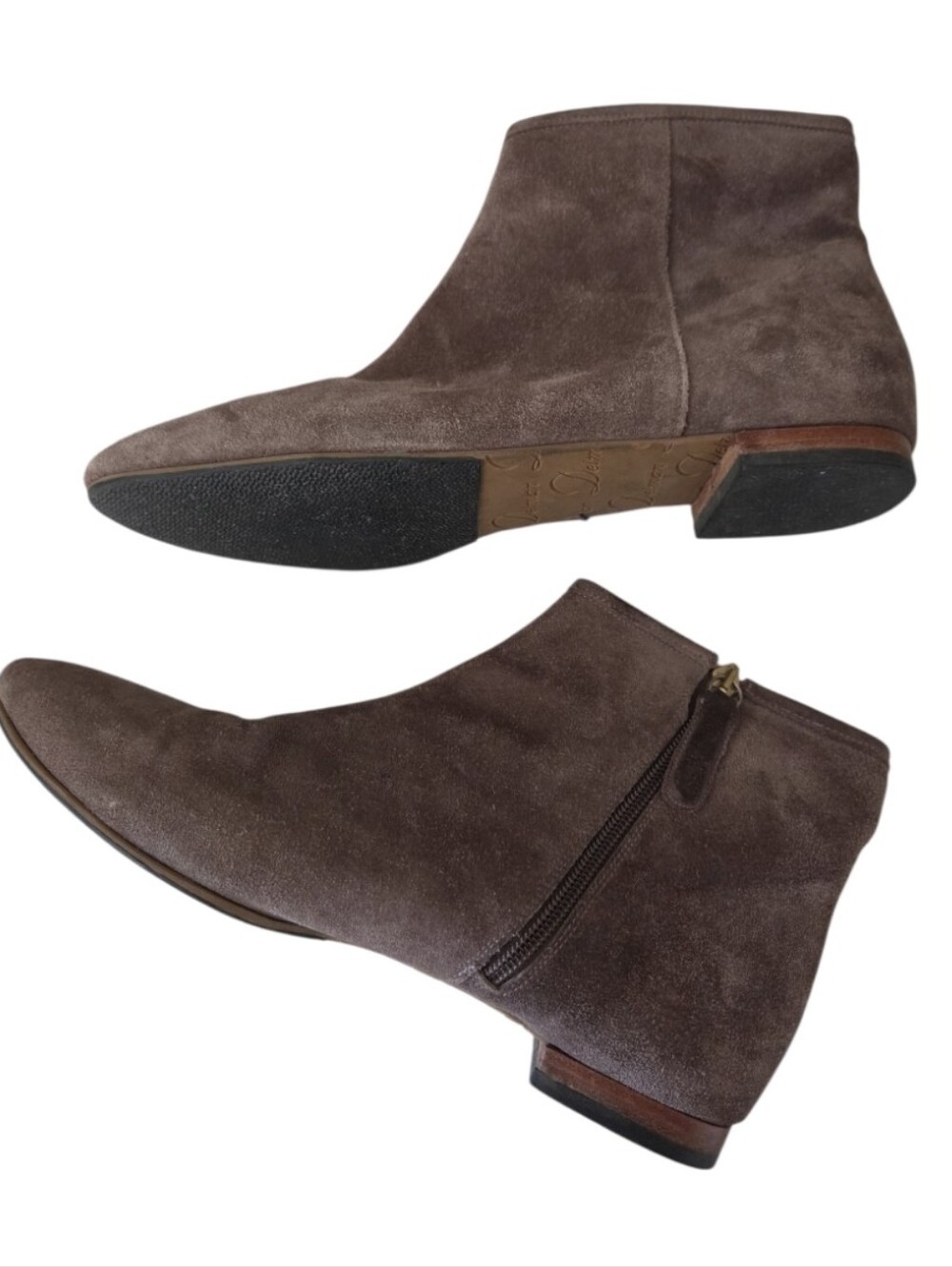 ​delman womens suede ankle boots brown taupe low heel side zip booties